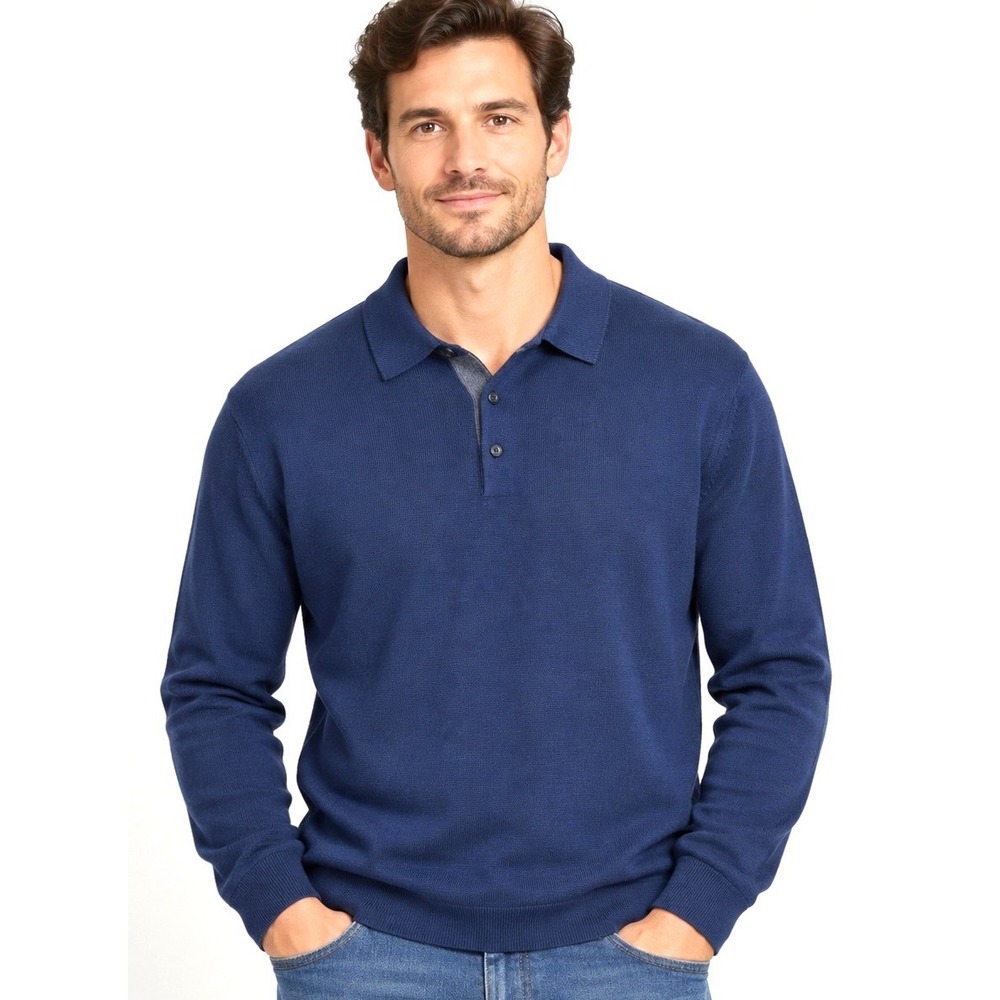 Nordstrom Polo Sweater Men XL Navy Blue 100% Merino Wool Long Sleeve Knit Preppy